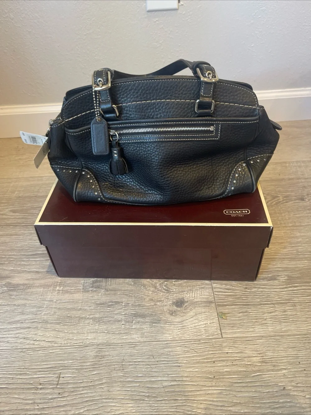 Coach Black Pebbled Leather Double-Handle Shoulder Bag with Stud Detail - Picture 2 of 11